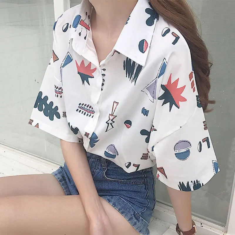 Harajuku White Shirt Women Korean Street Blouses Chic Print Summer Tops School Girl Loose Plus Size Office Ladies Casual Shirts |