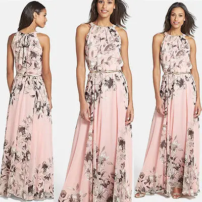 Женское длинное платье с принтом розовое макси в стиле бохо новинка 2017|summer chiffon