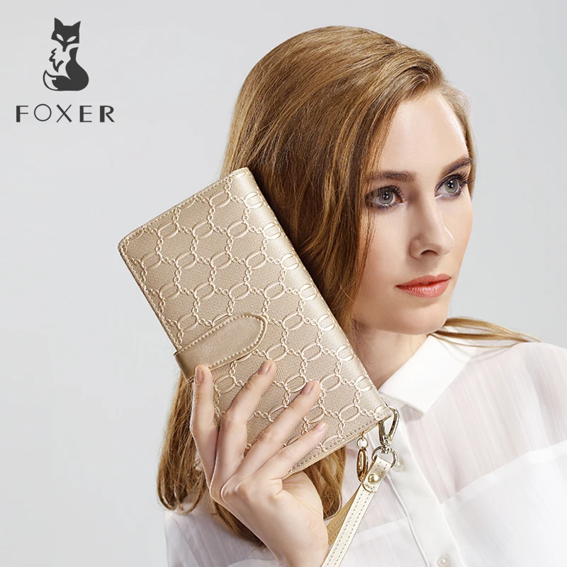 FOXER Брендовые женские длинные кошельки из коровьей кожи, женские клатчи, сумки от известного дизайнера, женские кошельки, модные женские кошельки из воловьей кожи