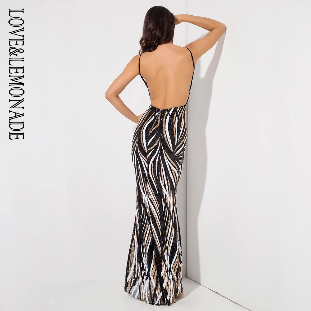 Женское платье с блестками LOVE &amp LEMONADE длинное в полоску глубоким V-образным