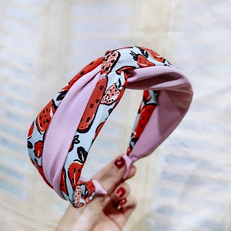 C422 pink Модные милые повязки для волос с клубничным принтом для женщин, повязка на голову с узлом, diademas para el pelo mujer haar, аксессуары - Цвет: C422 pink