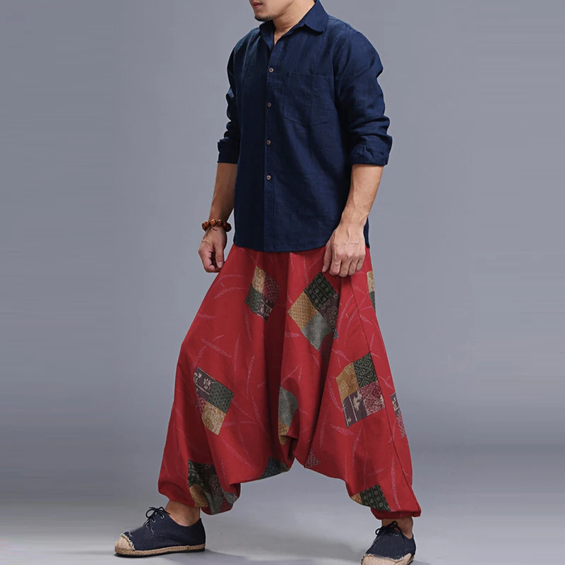 Boho мужские шаровары Повседневные мешковатые брюки мешковатые цветочные большой промежность эластичный пояс широкие ноги свободные джоггеры хип-хоп лодыжки Длина 5XL