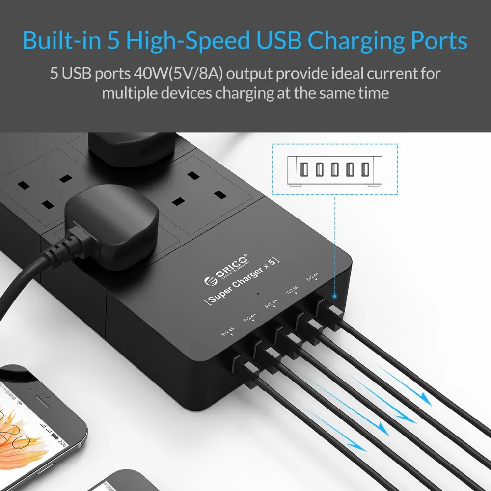 Оригинальная Черная лента питания ORICO 4 гнезда 5 USB 2 А поддержка быстрой зарядки