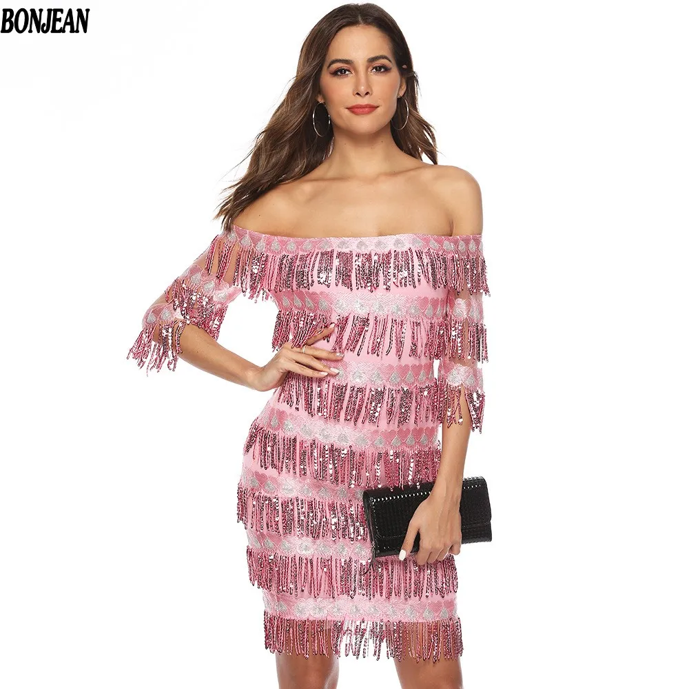 European and American women's one-necked sleeves tassels hip sexy sequin dress party | Женская одежда