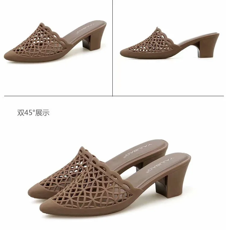 sandalsY35-T khaki Женские босоножки; прозрачная обувь из ПВХ с острым носком на высоком каблуке; милые повседневные летние пляжные женские сандалии-шлепанцы - Цвет: sandalsY35-T khaki