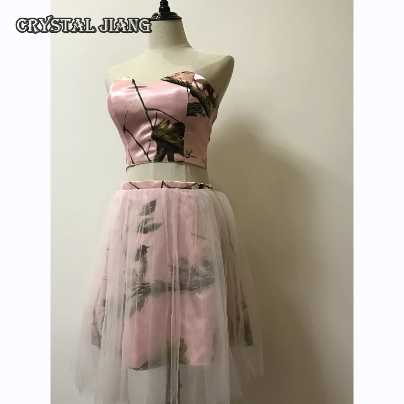 Короткое Розовое цветочное камуфляжное платье подружки невесты из двух частей
