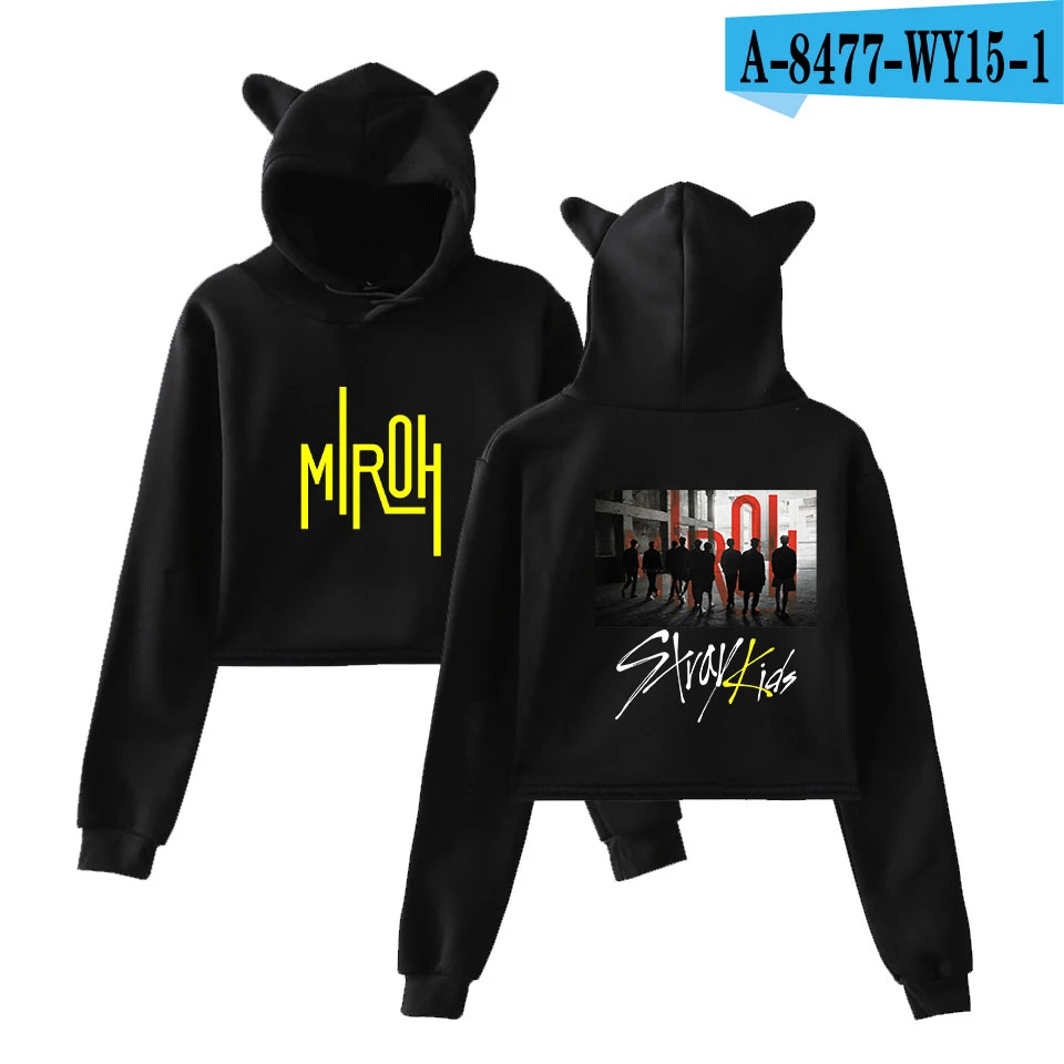 Stray Kids Kpop Cat/укороченные толстовки для женщин; Модный пуловер с капюшоном и длинными рукавами; укороченные топы; хит модных продаж; уличная одежда - Цвет: black