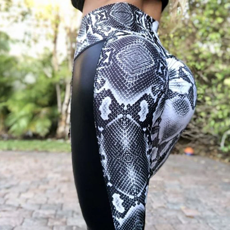 

Drop Shipping Women White Snake Printed Leggings Black PU Leather Patckwork Workout Hot Hip Pleated Leggings