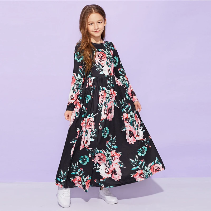 SHEIN Kiddie/милое длинное платье с цветочным принтом для девочек; детская одежда; коллекция года; весенние Повседневные детские длинные расклешенные платья с длинными рукавами