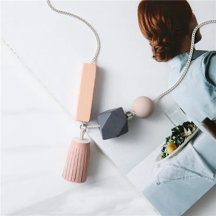 Women Leather Tassels Long Necklaces Sweater Chain Cute Mixed Colors Geometric Squares Pendant collares mujer kolye | Украшения и