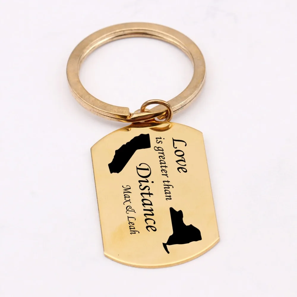 Name Customized Engraved Love Is Greater Than Distance Map Key Chains Long Keyring High Quality Keys Holder Keytag | Украшения и