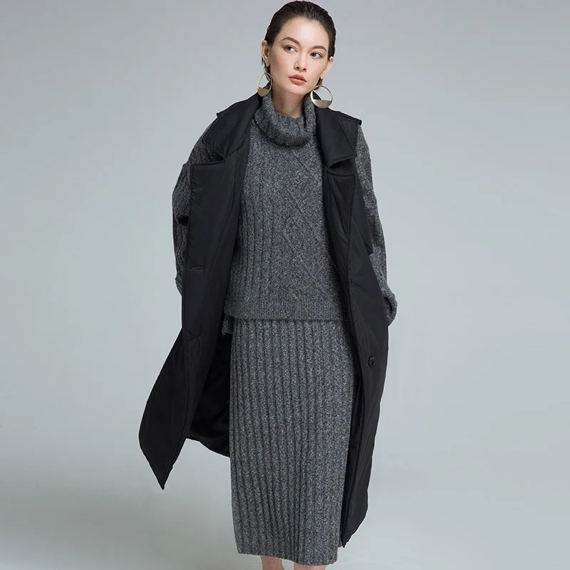 FYYIYI Sleeveless Vest Down Jacket Long Casual Lapel Coat Autumn Winter Slim Thick Jackets Fashion Adjustable Waist Pockets | Женская