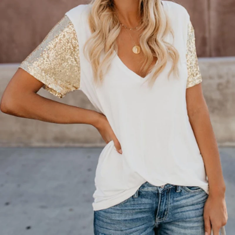 Женские летние блузки с коротким рукавом 2019 v образным вырезом блестками