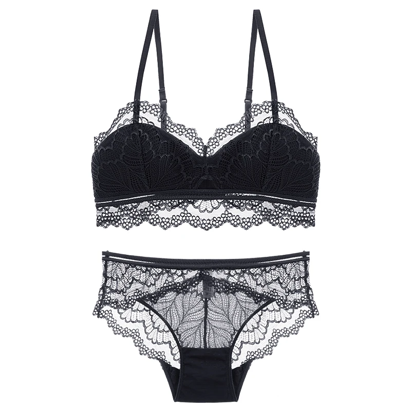 Sexy lace thin cotton cup bra without rims beauty back gathered underwear panties suit |