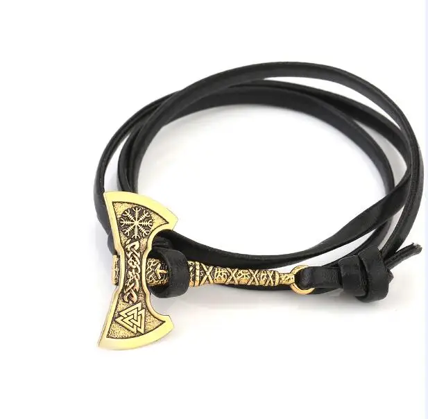 Dawapara скандинавский Викинг Валькнут и Vegvisir компас топор амулет ювелирные изделия кожаный браслет для мужчин женщин талисман - Окраска металла: style 2 gold