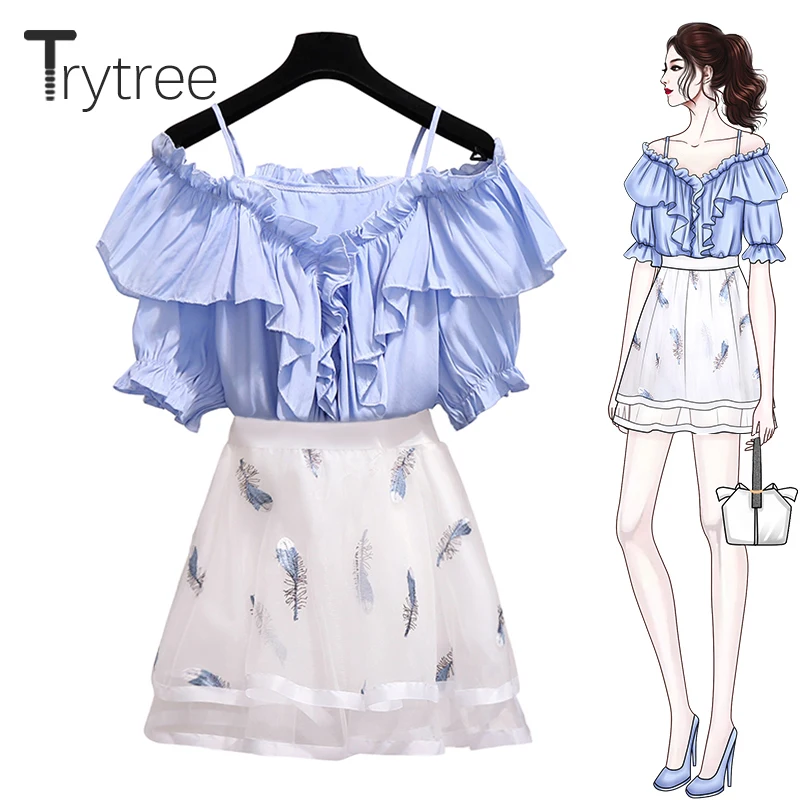 Trytree летний женский костюм из двух предметов косой вырез с оборками Топы с рукавами-буффами+ юбки телефонный чехол с выгравированным пером комплект лиф на резинке+ мини юбка Повседневное комплект из 2 частей