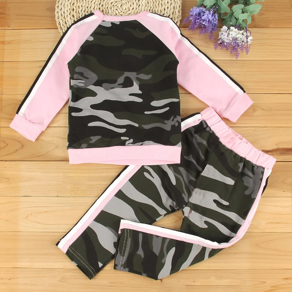 Одежда для маленьких девочек модная футболка с камуфляжным рисунком топ и штаны