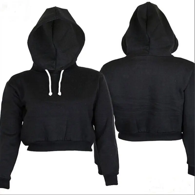 New Womens Solid Plain Hangover Crop Top Hooded Full length Sleeves Hoodie Sweatshirt