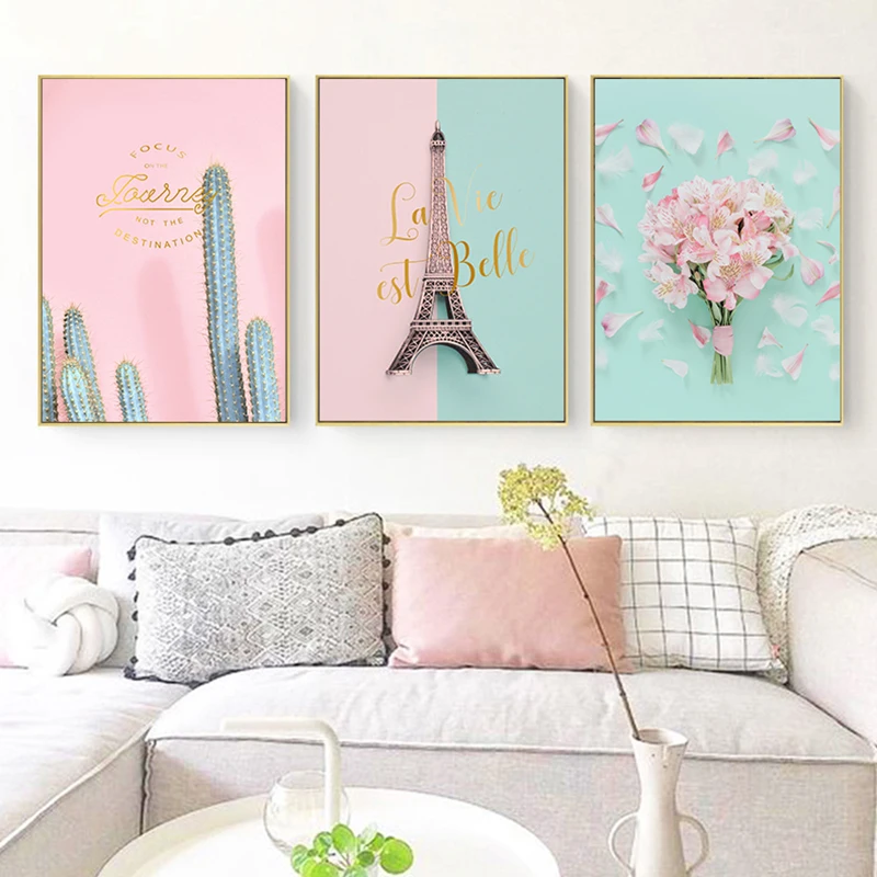 Pink Flower Cactus Tower Princess Room Canvas Painting Art Abstract Print Poster Picture Wall Nordic Home Decor | Дом и сад