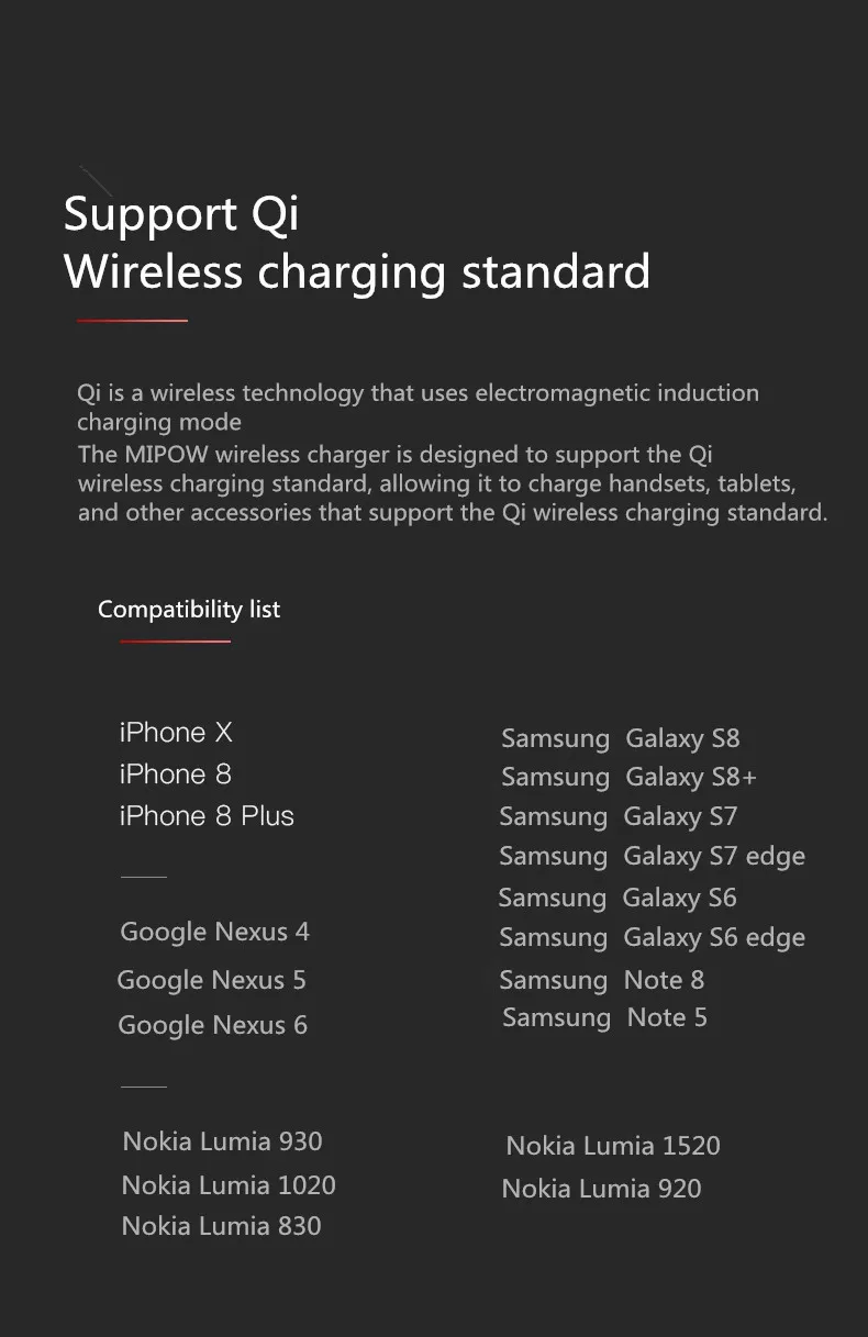 MIPOW 5 В/2A Беспроводное зарядное устройство для samsung Galaxy S8 S7 Edge Note 8 Qi Беспроводная зарядная док-станция для iPhone X 8 8 Plus зарядное устройство
