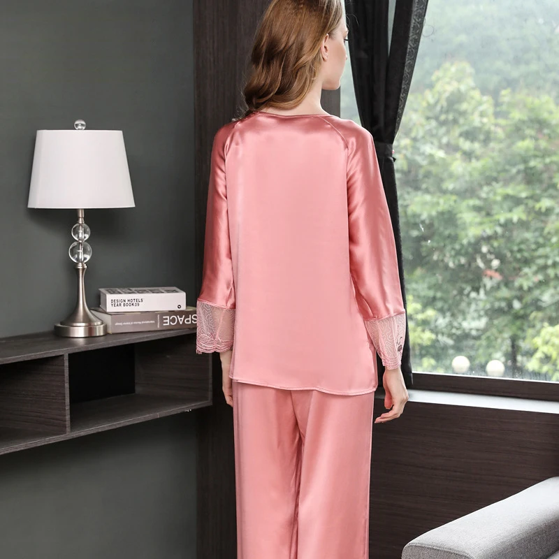 100% natural silk Retro pyjama set women fashion sexy pajama sets long sleeve elegance pijama mujer spring homewear femme