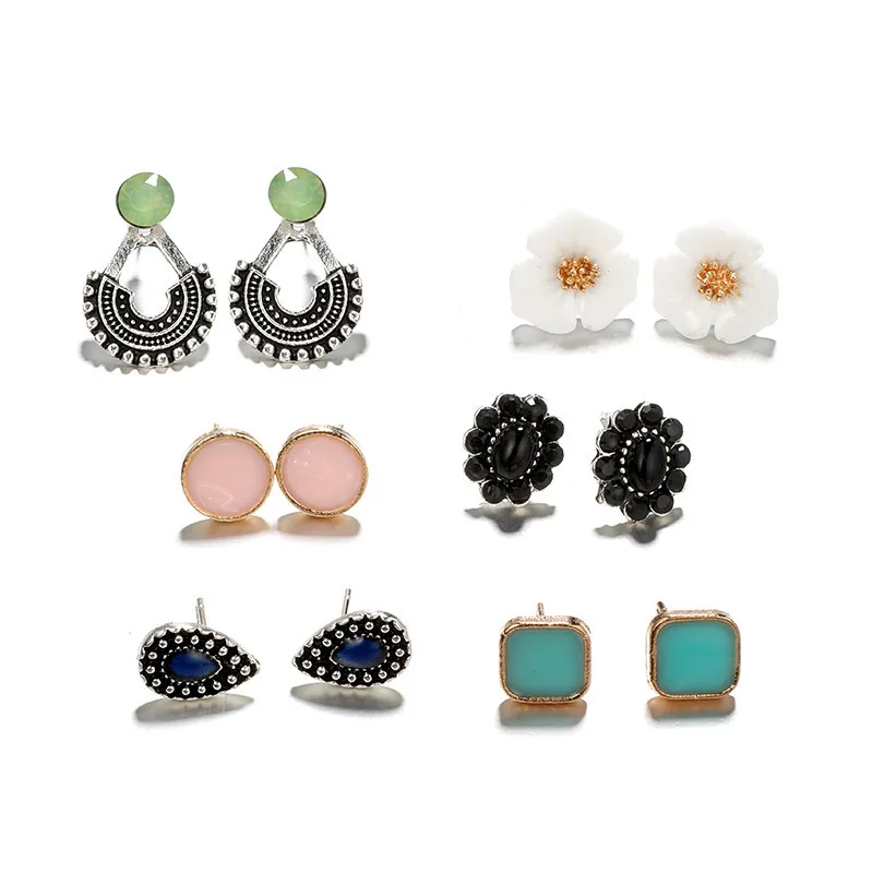 6Pcs/set New Vintage Bohemia Ladies Earrings Set Austria Crystal Cubic Zirconia Small Stud Earrings For Wome Fashion Accessories