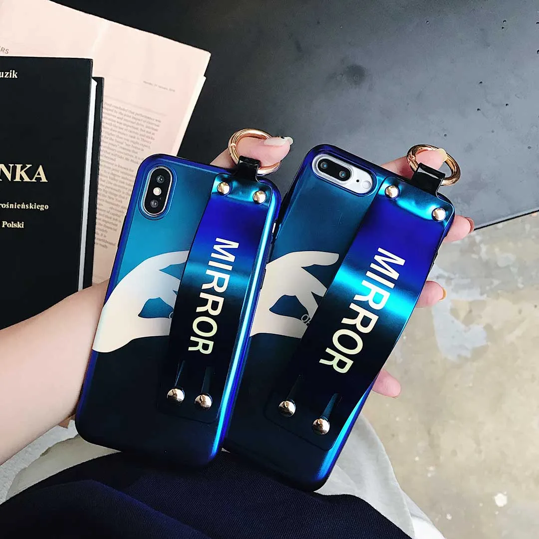 Fashion Blu-ray Wrist Strap Phone Case For iPhone 6 6S 7 8 Plus X Xs Mirror Champions Soft IMD Back Cover Coque with RingHolder |