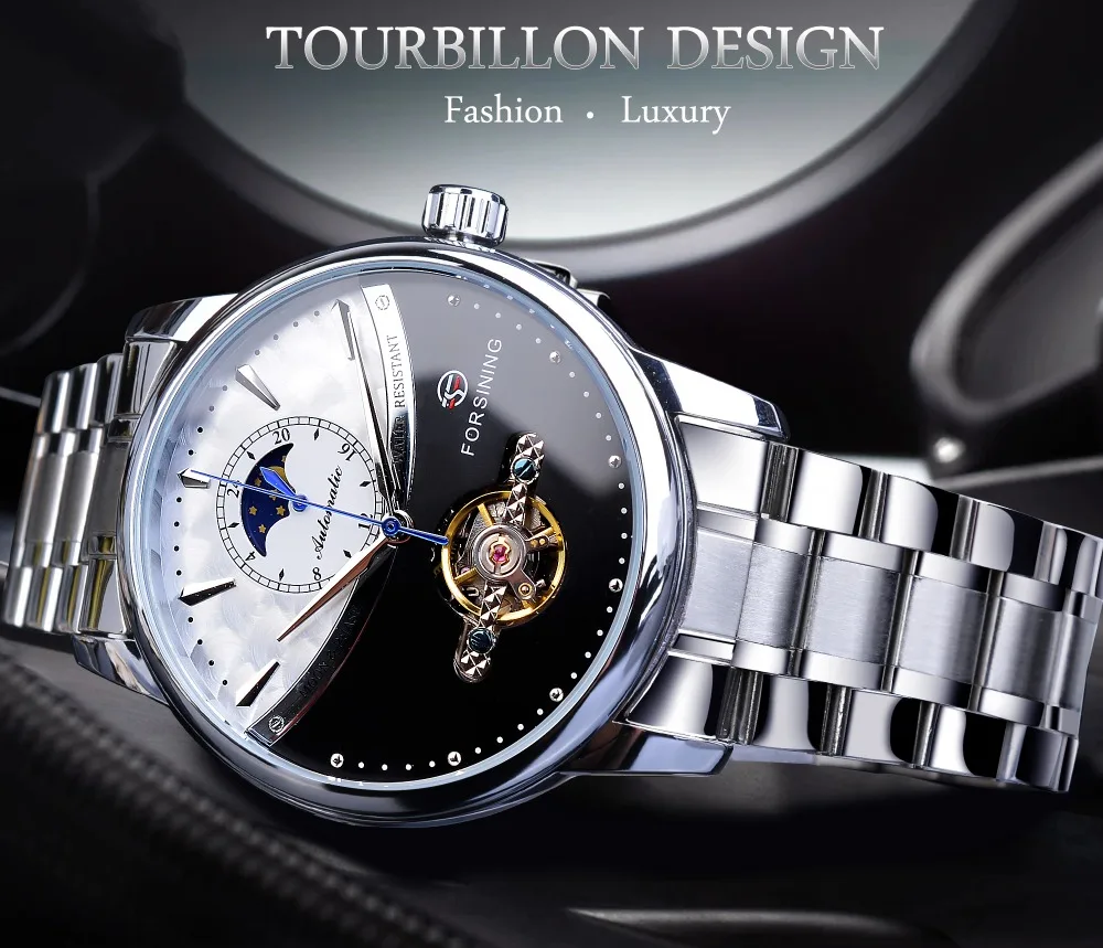 Forsining деловые мужские автоматические часы Moonphase часы Tourbillon водонепроницаемые механические Стальные наручные часы Relogio Masculino