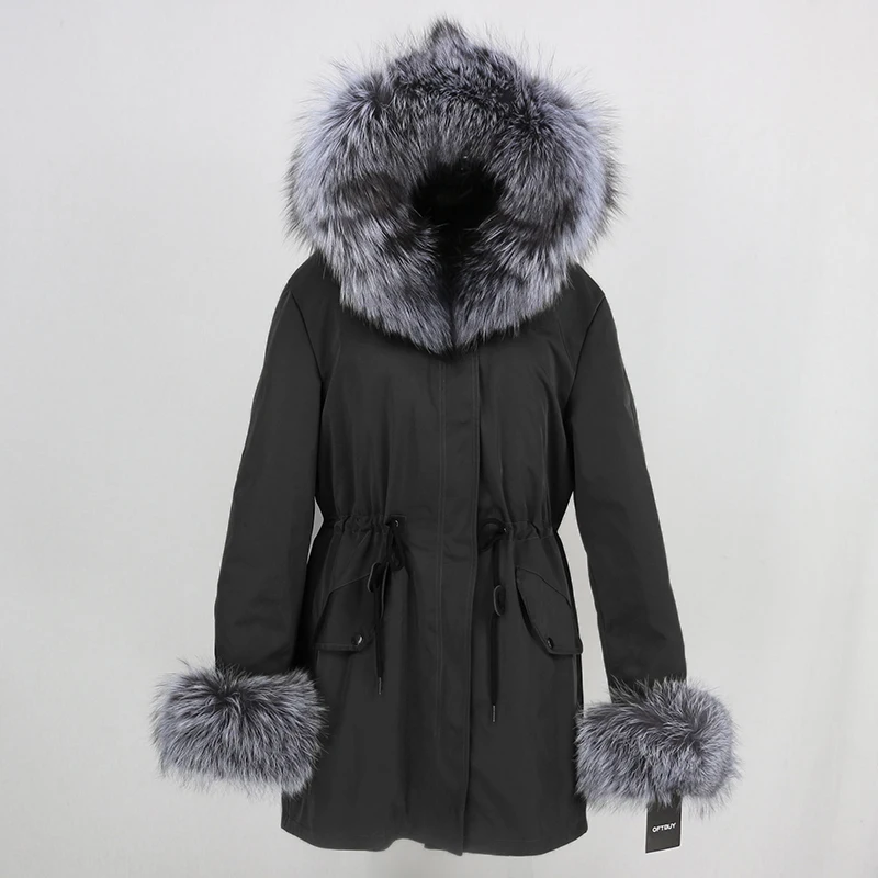 black silver OFTBUY, длинная парка, натуральный Лисий мех, воротник, капюшон, манжеты, зимняя куртка, для женщин, натуральный мех, пальто, толстая, теплая, водонепроницаемая, верхняя одежда, съемная - Цвет: black silver