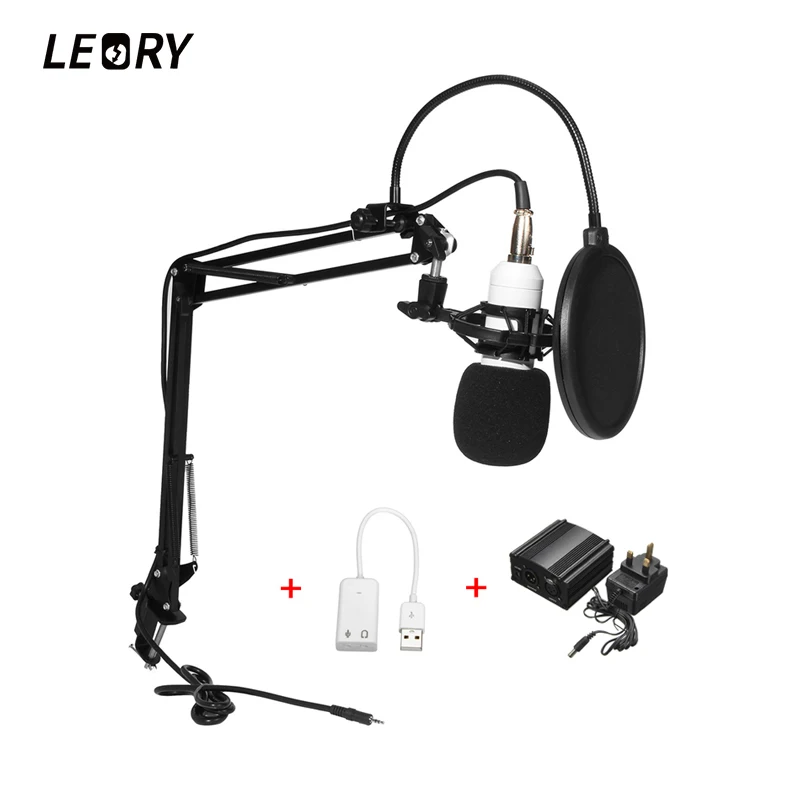 LEORY BM 800 караоке конденсатор с алюминиевой крышкой, конденсаторный микрофон+ 48V Phantom Мощность+ Звуковая карта с интерфейсом USB для ПК Запись Studio КТВ пение