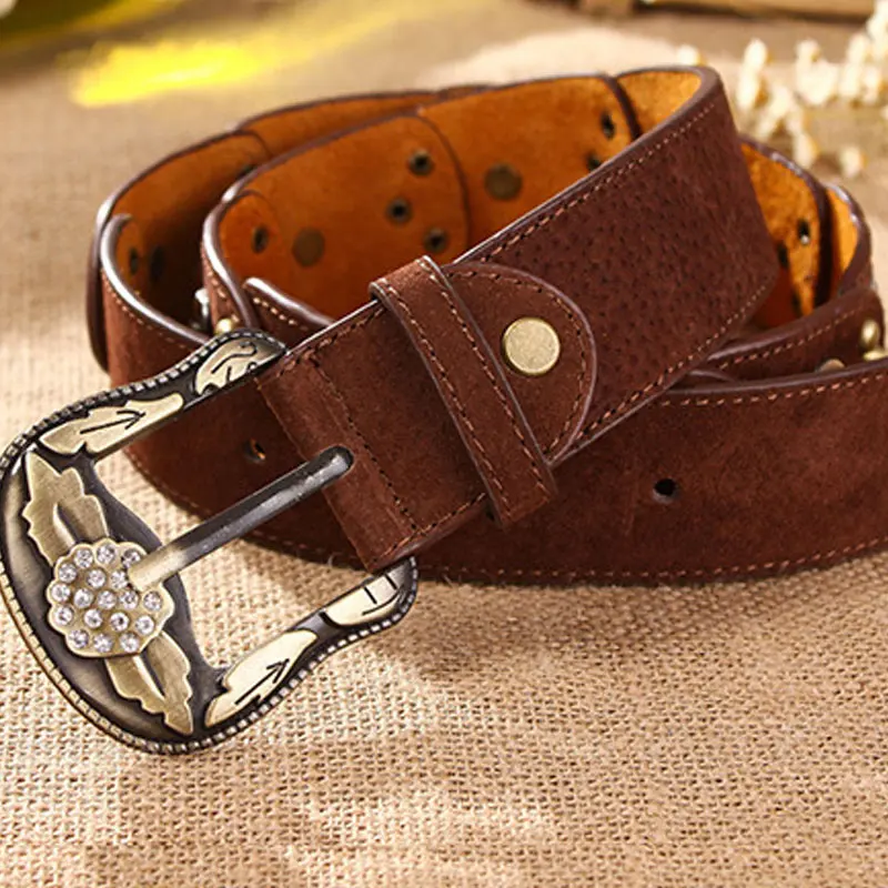 

Newly Retro Women's Belt Geniune Leather Rhinestone Flower Brass Pin Buckle Vintage Belts Waistband m99
