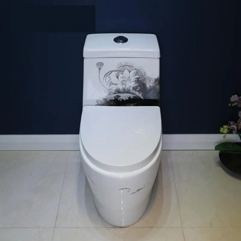 Conjoined Art Toilet Mute Water Saving Anti Odor Bathroom Ink And Lotus pattern Household seat | Обустройство дома
