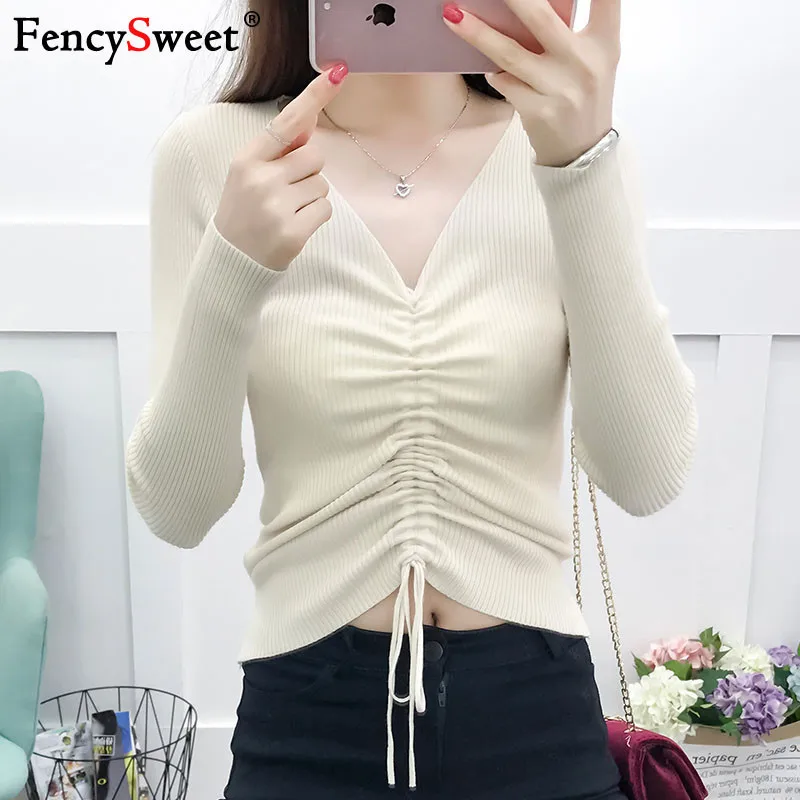 Fencysweet Drawstring Вязание свитер Для Женщин Осенние Топы с v-образным вырезом Свитера