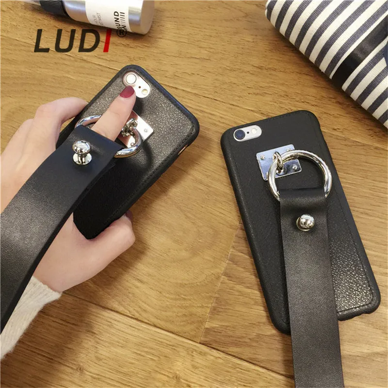 LUDI корейский черный чехол на ремешке для iPhone 6 6S 6Plus X 8 7 7Plus 8plus Мягкий из PU
