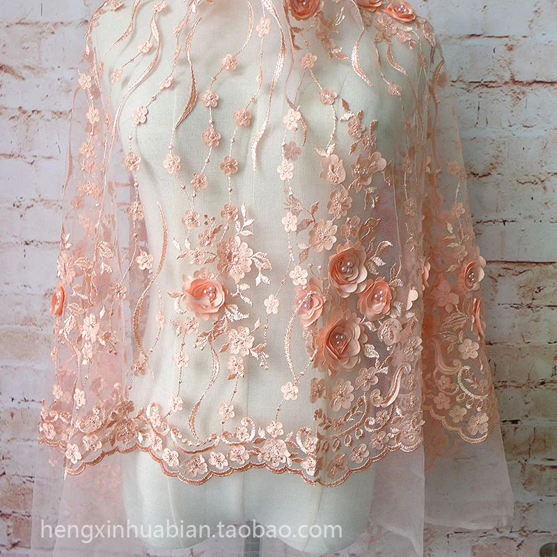Блестящая кружевная ткань для свадебного платья с 3D шифоновыми цветами вышивкой