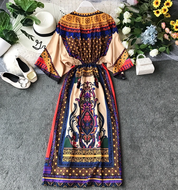 Тайское национальное весеннее платье 2017 с принтом в богемном стиле летнее