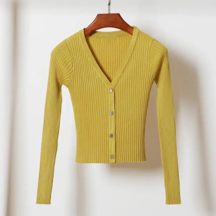 ginger yellow Queechalle, 13 цветов, новинка, Осенний вязаный кардиган, женский короткий свитер с v-образным вырезом и длинным рукавом, пальто, женская Повседневная тонкая верхняя одежда - Цвет: ginger yellow
