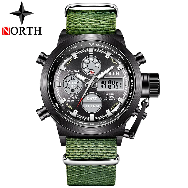 NL Green Black NORTH спортивные часы мужские военные кварцевые часы для мужчин аналоговые светодиодные цифровые кожаные нейлоновые мужские часы повседневные водонепроницаемые наручные часы - Цвет: NL Green Black