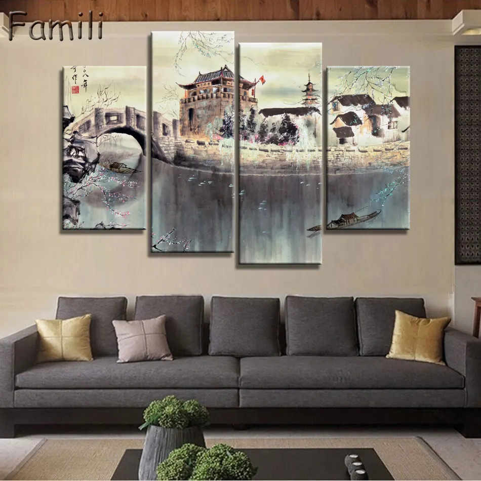 4 панели старинная китайская раскраска кистей принт холст лотос пруд