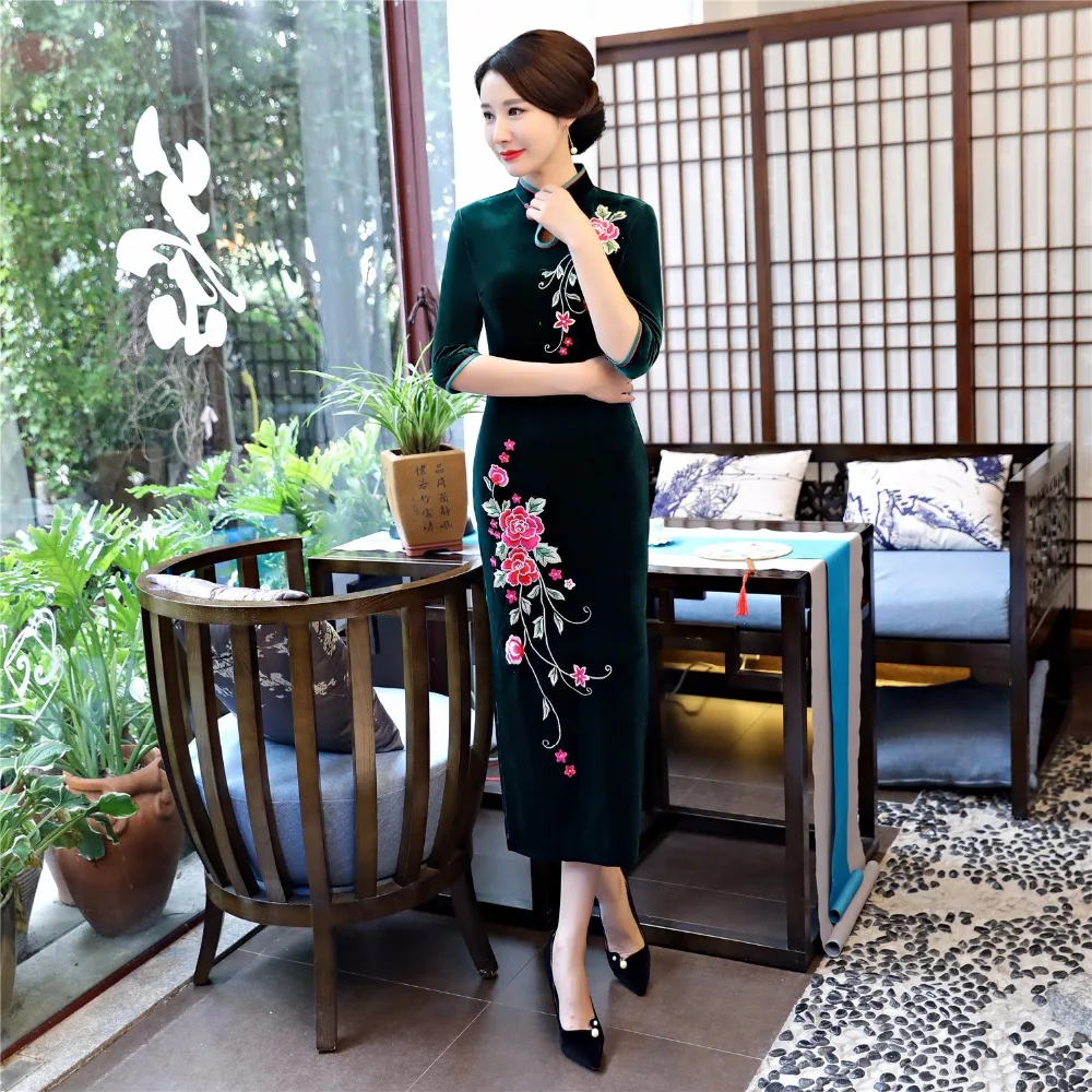 Фото Shanghai Story Cheongsams бархатное платье qipao в китайском стиле с цветочной вышивкой