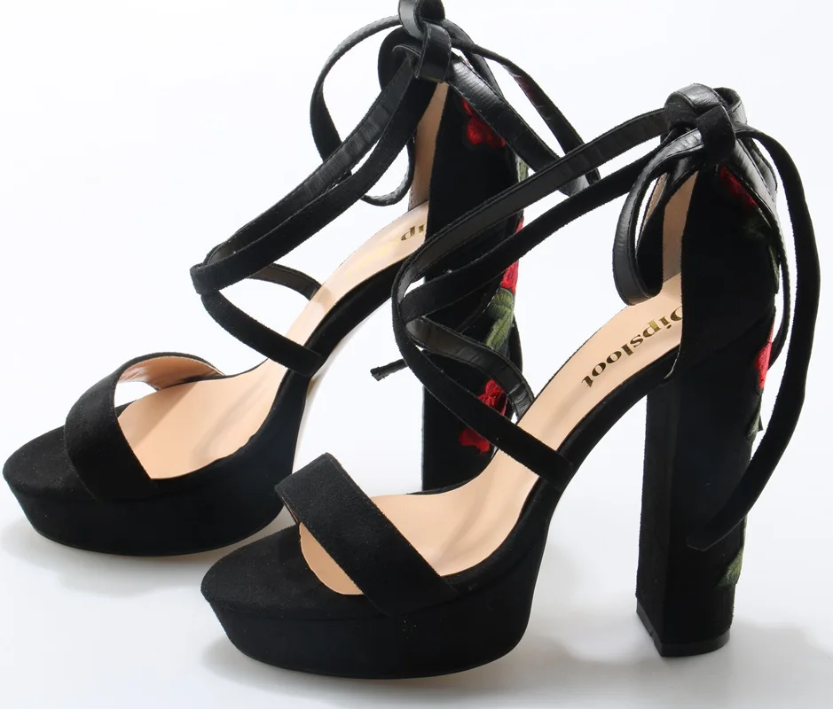 2018 Newest Faux Black Suede Leather Women High Platform Sandals Sexy Open Toe Ladies Lace Up Flowers Chunky Heel Dress Shoes | Обувь