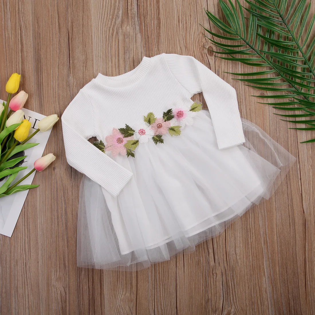 Новое осеннее платье с цветочным рисунком для маленьких девочек кружевное