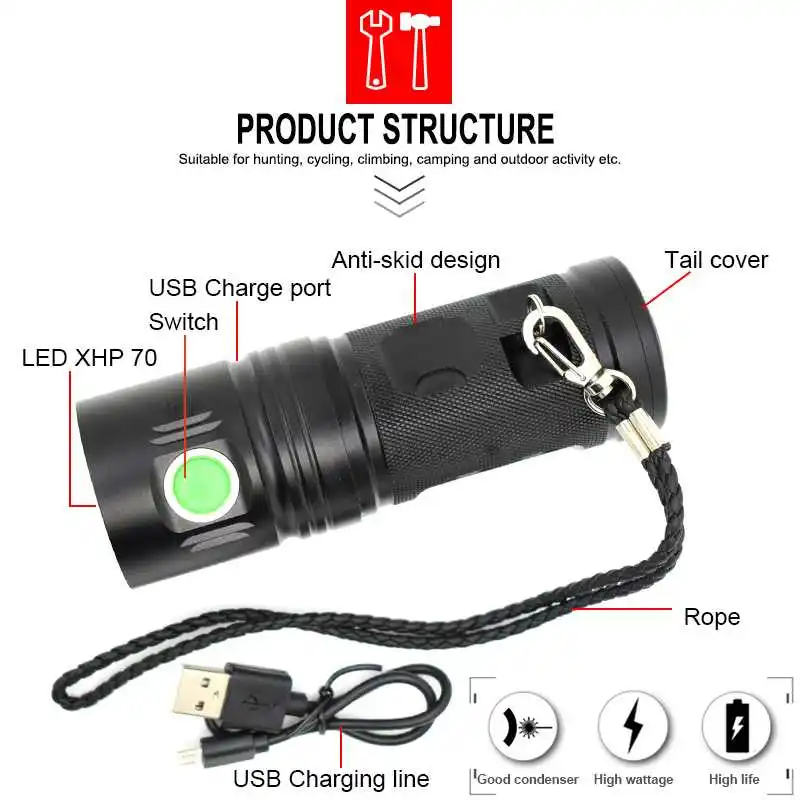 мощный светодиодный фонарик USB яркий xhp70 18650 3Режим Фонарь аккумуляторный для