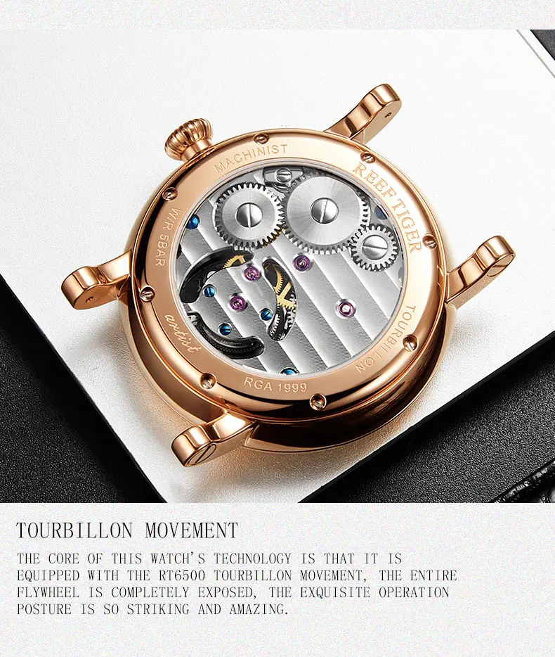 Риф Тигр/RT повседневные дизайнерские часы для мужчин Роскошные часы из розового золота Tourbillon автоматические часы с ремешком из аллигатора RGA1999