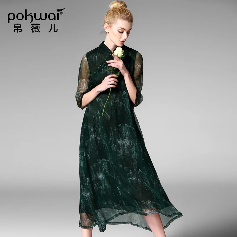 POKWAI элегантные длинные винтажные летние шелковые вечерние платья для женщин 2017