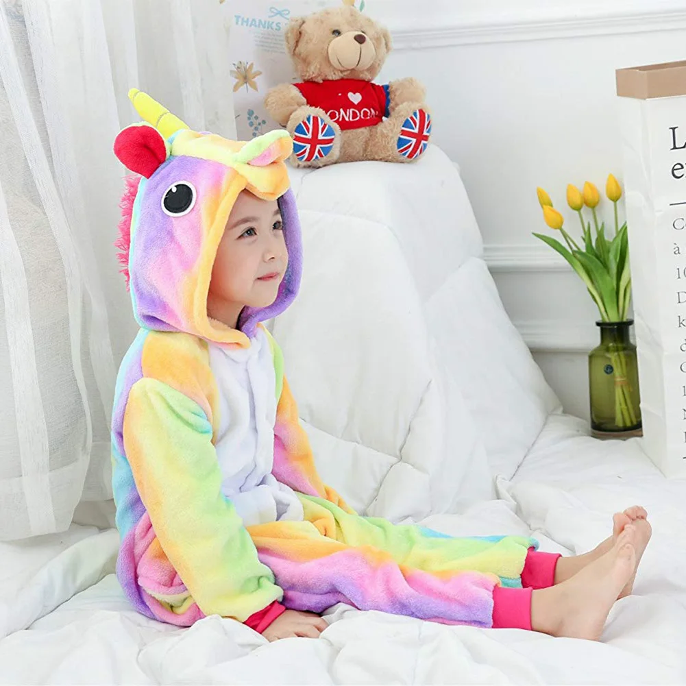 Детская Пижама комбинезон фланелевые пижамы с единорогом и бантиком для детей от