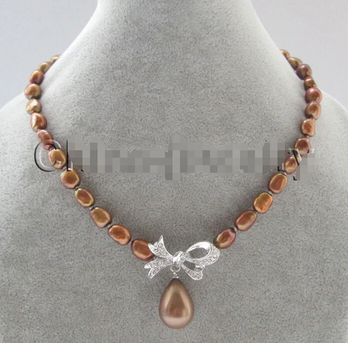 &gt 17 &quot9-11 мм Кофе барокко пресноводного жемчуга ожерелье + бабочка 20 морской