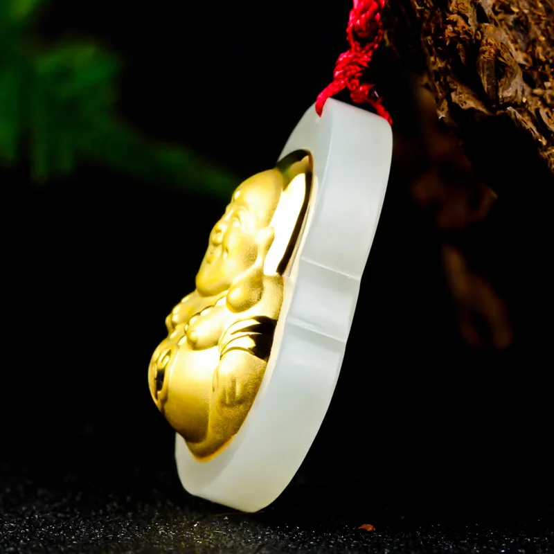 

Hetian Jade Maitreya Pendant Chinese Jade Stone Fine Jewelry Lucky Amulet Women Buddha Gold Jade Necklace Gift
