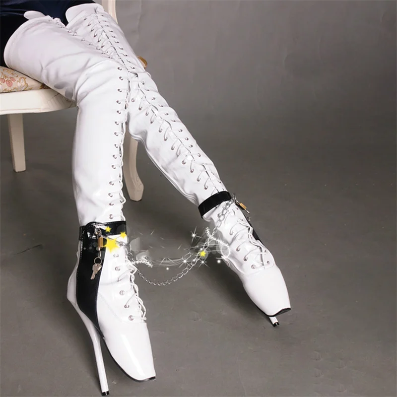 White 18cm Heel Высокие сапоги до бедра женская обувь балетные сапоги на высоком каблуке 18 см с цепочкой модные женские сапоги выше колена в готическом стиле Большие размеры 45 - Цвет: White 18cm Heel
