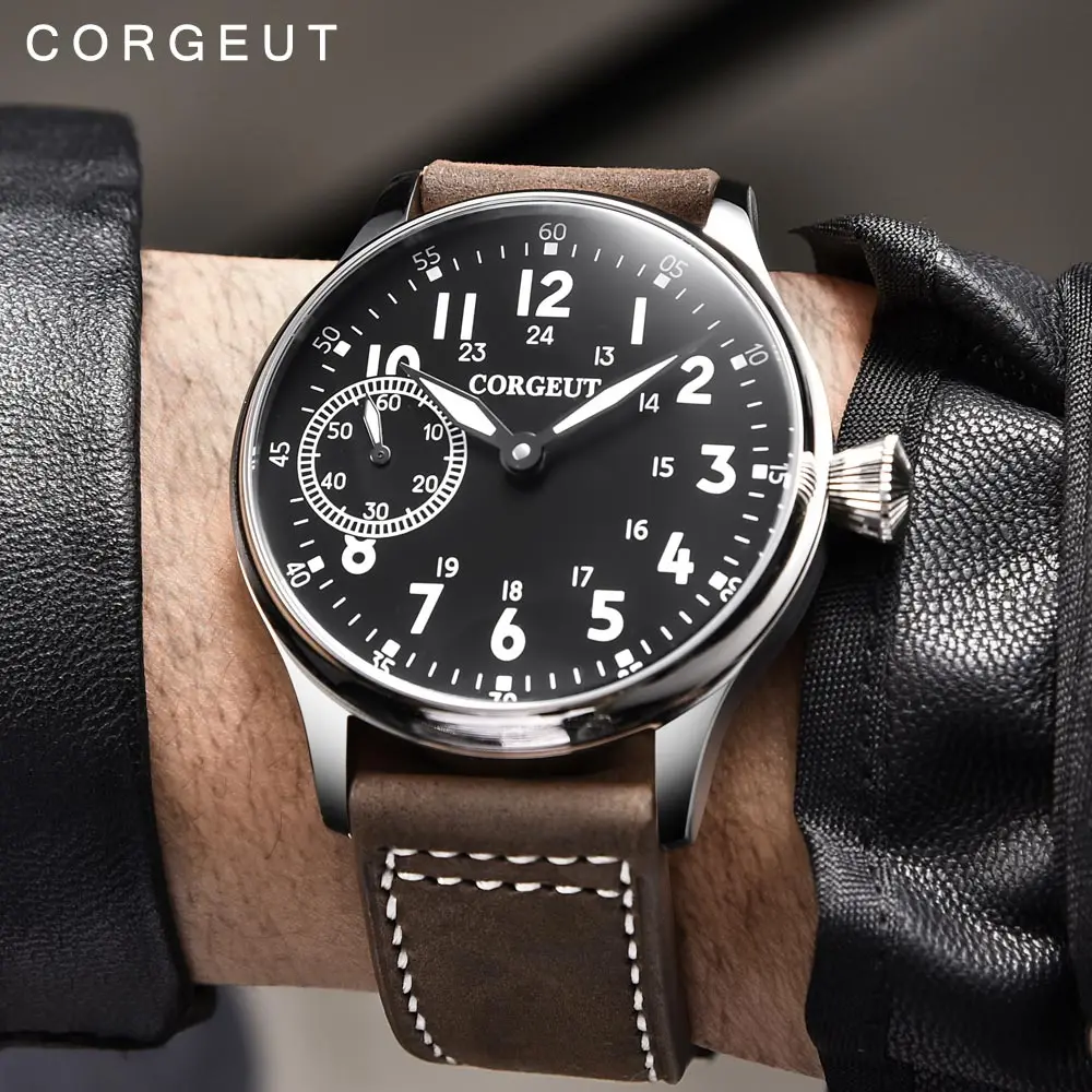 44mm Corgeut Mechanical Hand Winding Movement Pilot Watch for Men Black Dial Luminous Hands Dial ST3600 Wristwatch Leather Strap